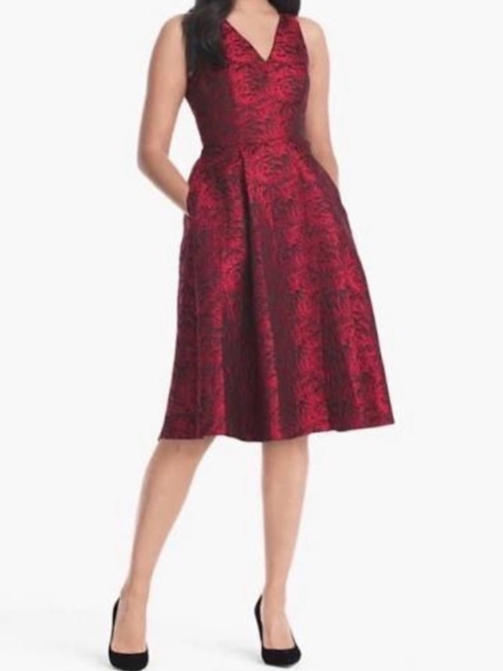 White House Black Market Sleeveless V-Neck Red Jacquard Midi Dress EUC sz14
